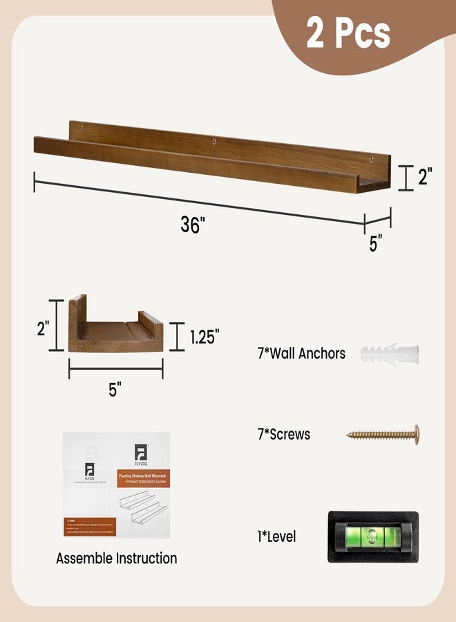 FLYJOE Picture Ledge Wall Shelves 36 inch Width Set of 2, Solid Pine Wood Rustic Floating Ledge Shelves for Wall for Kids' Room Bedroom Kitchen Bathroom Living Room Nursery Display Wall Decor, Walnut - Image 2